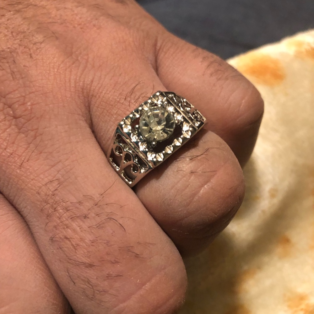 Silver-Tone Men’s Signet Ring with Clear Center Stone